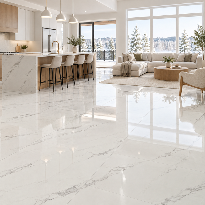 White Glossy Tile 24×48 — GL-009, an illustration of it installed