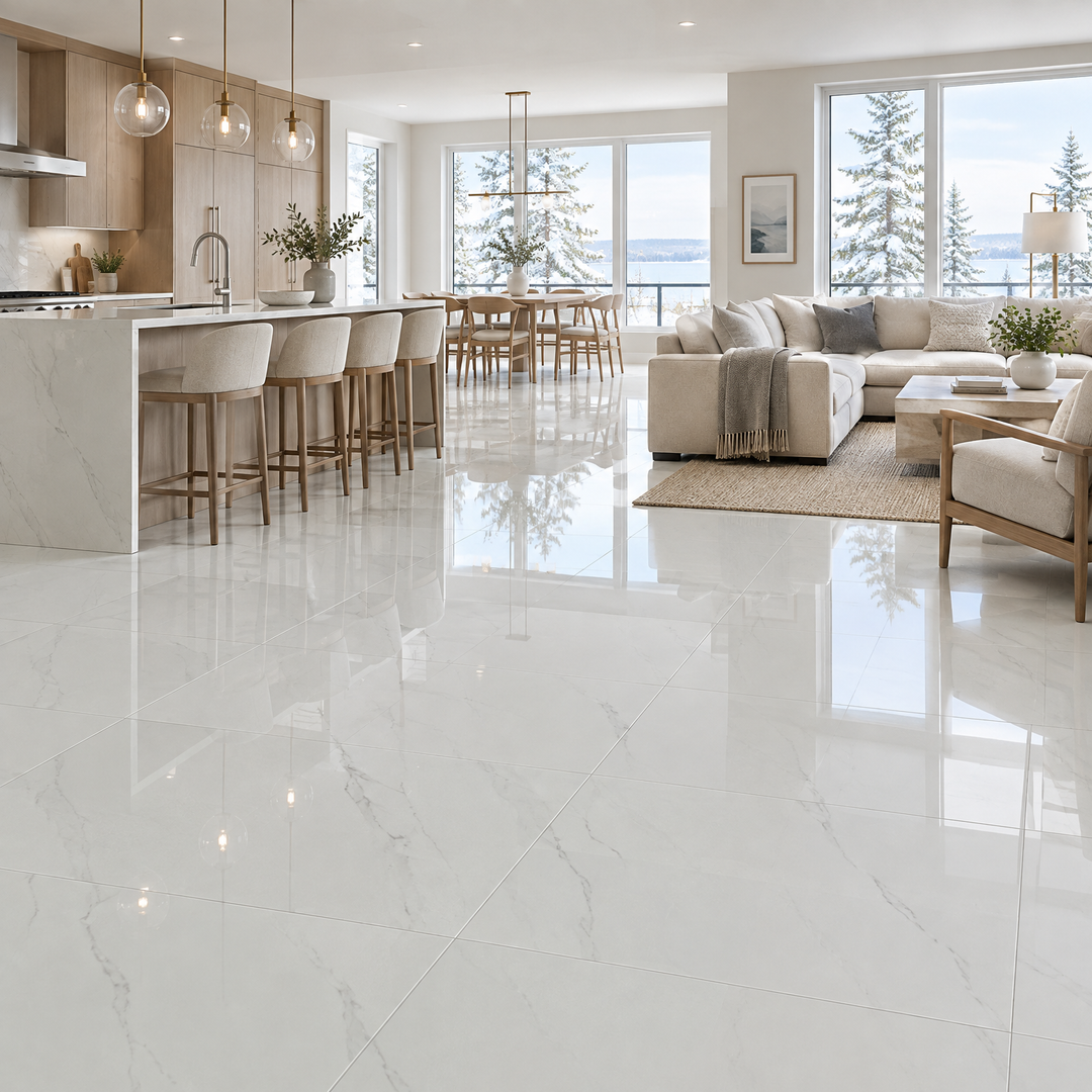 White Tile 24×24 — JBM6015D, glossy, an illustration of it installed