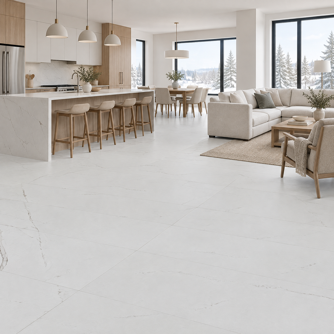 White Matte Tile 24×48 — JX126620D, an illustration of it installed