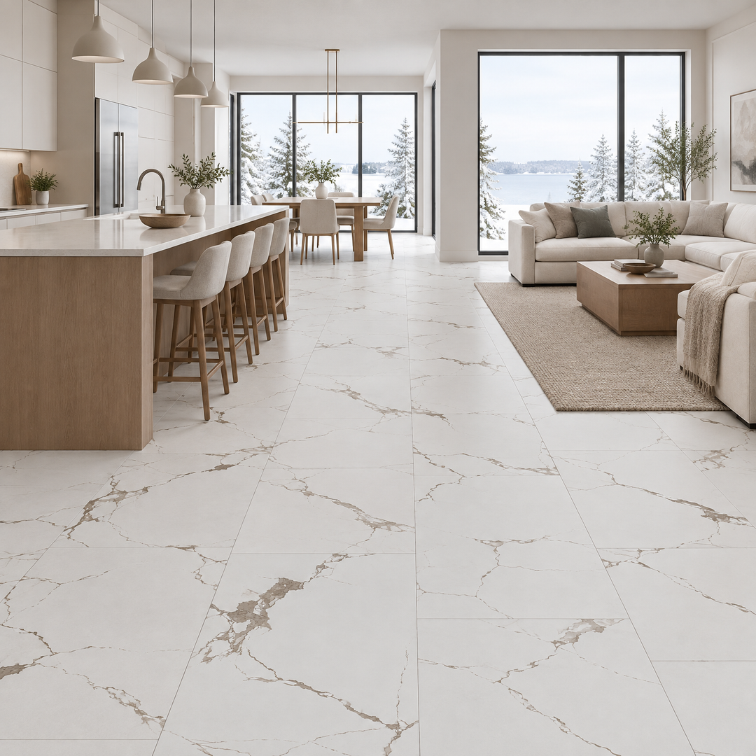 White Matt Tile 12×24 — JX6620D, an illustration of it installed