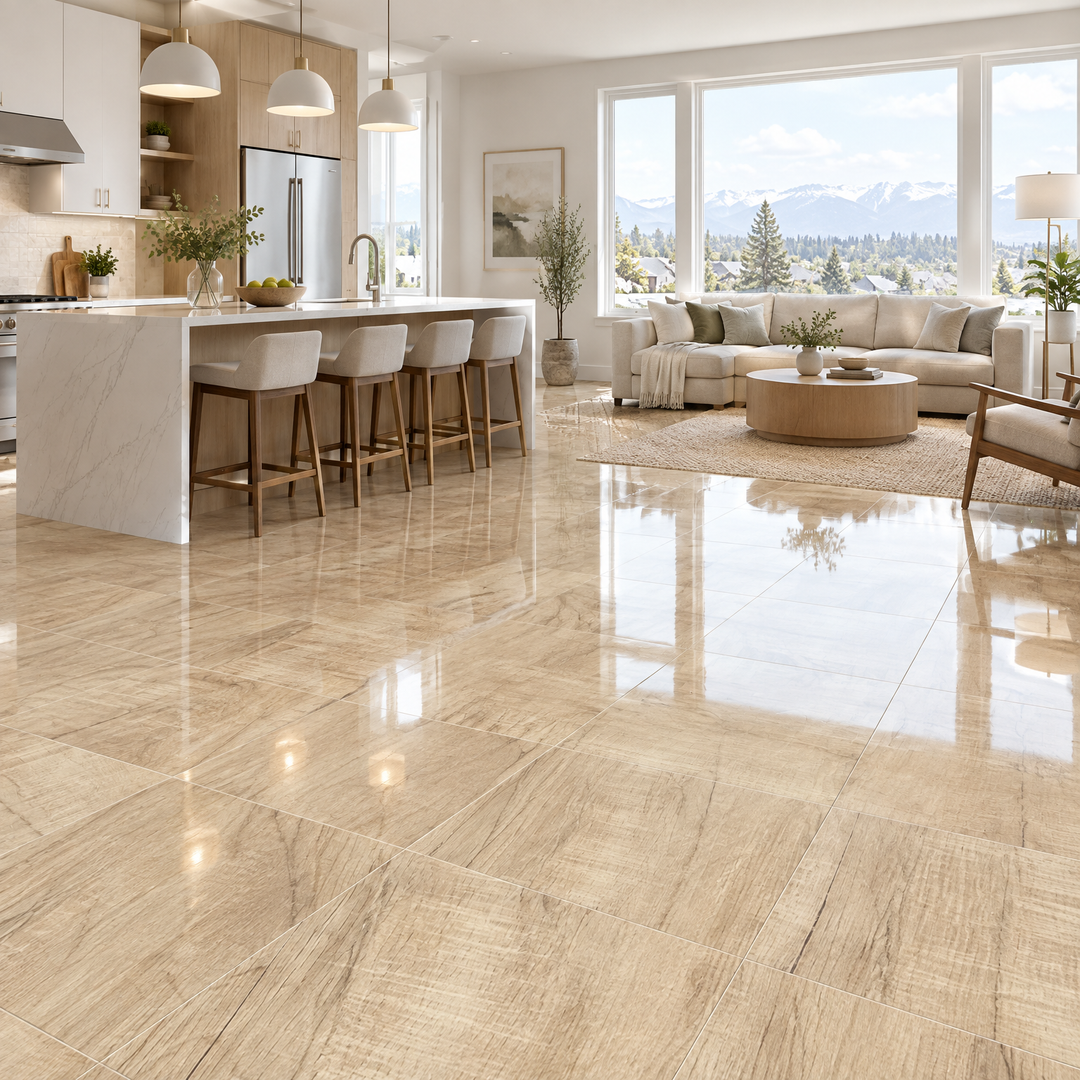 Mocha Brown Glossy Tile 24×24, an illustration of it installed