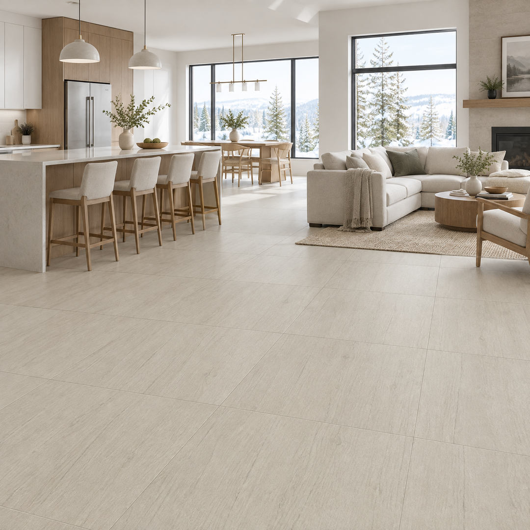 Nebraska Bianco Tile 24×24, matte, an illustration of it installed
