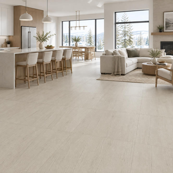 Nebraska Bianco Tile 24×24, matte, an illustration of it installed