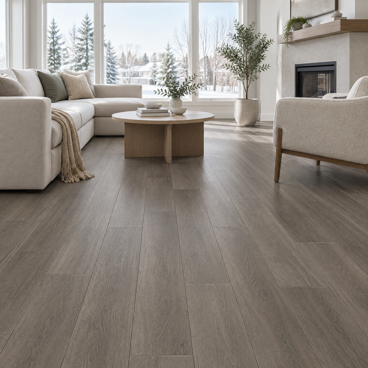 Grey Vinyl Plank 7×48 — NP8-01, an illustration of it installed