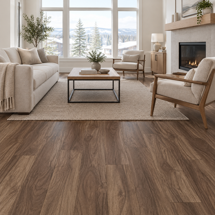 Brown Vinyl Plank 7×48 — NP8-06, an illustration of it installed