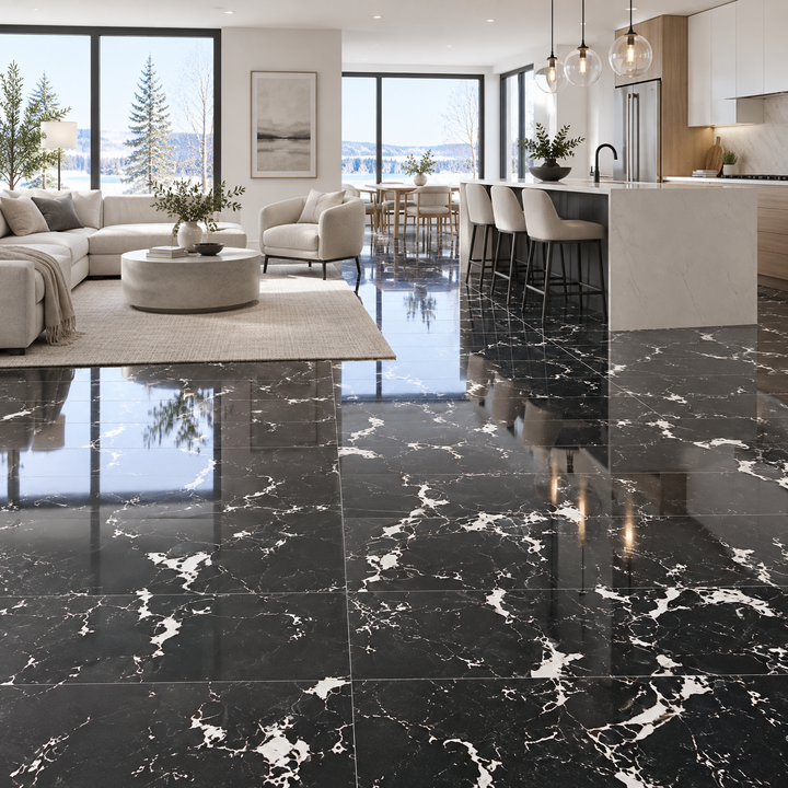Ocean Black Tile 24×48, glossy, an illustration of it installed