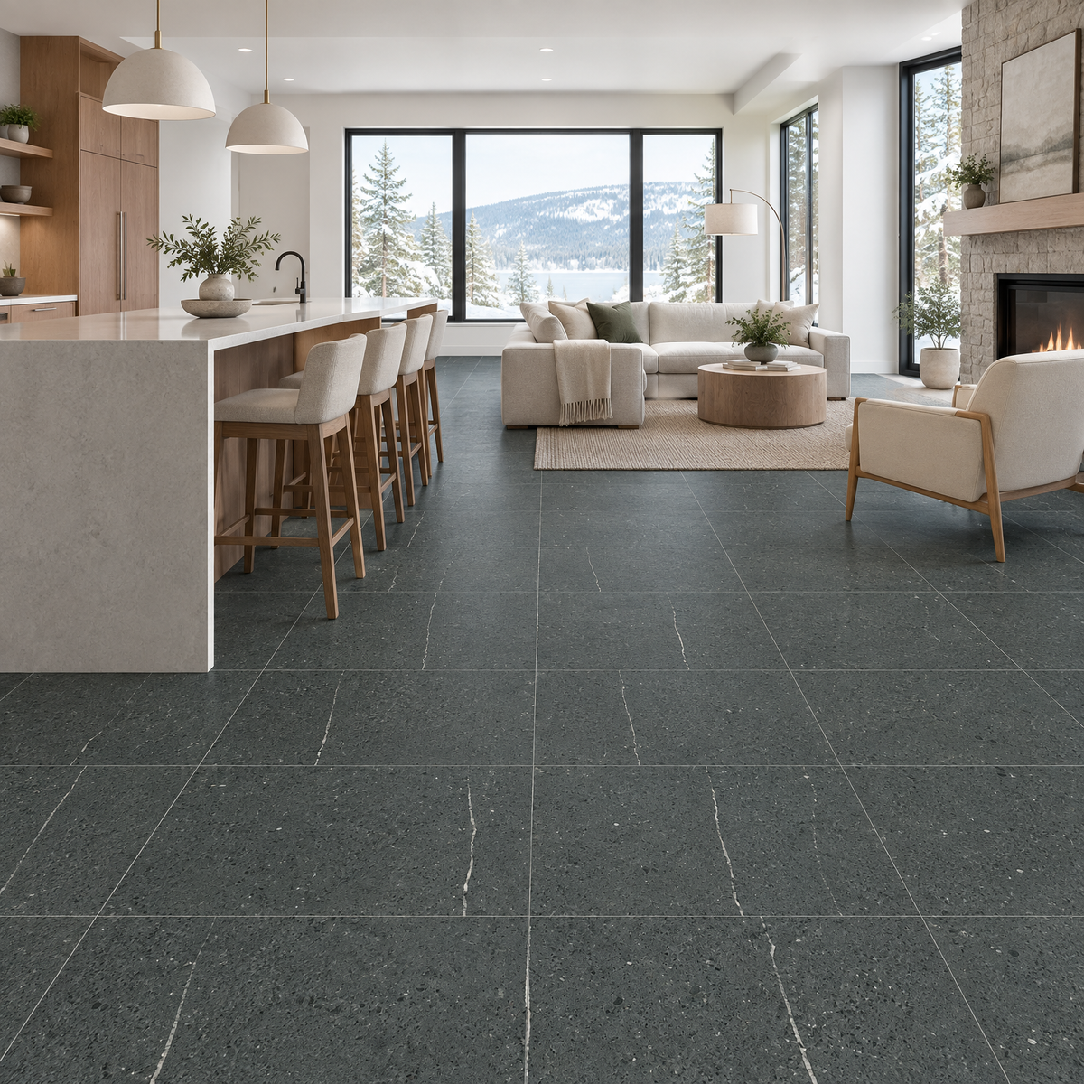 Pietra Grey Matte Tile 24×24, an illustration of it installed