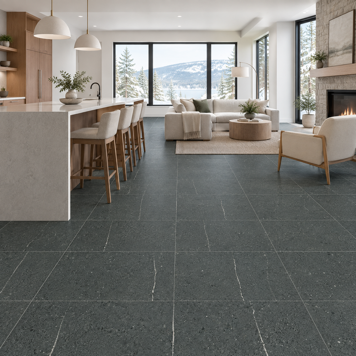 Pietra Grey Matte Tile 24×24, an illustration of it installed