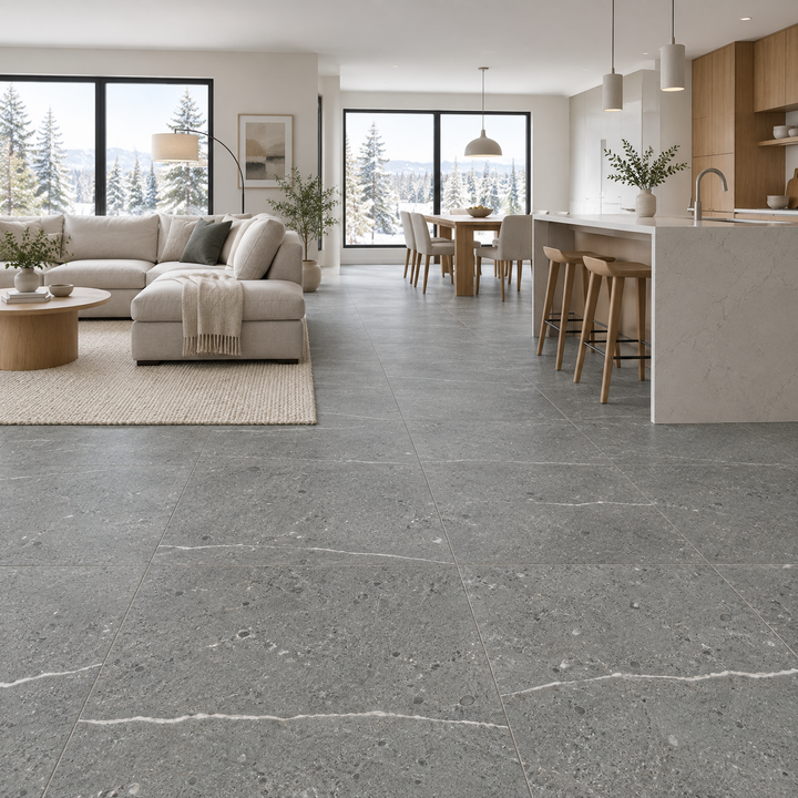 Pietra Grey Matte Tile 24×48, an illustration of it installed