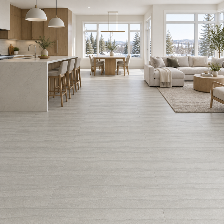 Prado Crema Waves Tile 16×48, structured, an illustration of it installed