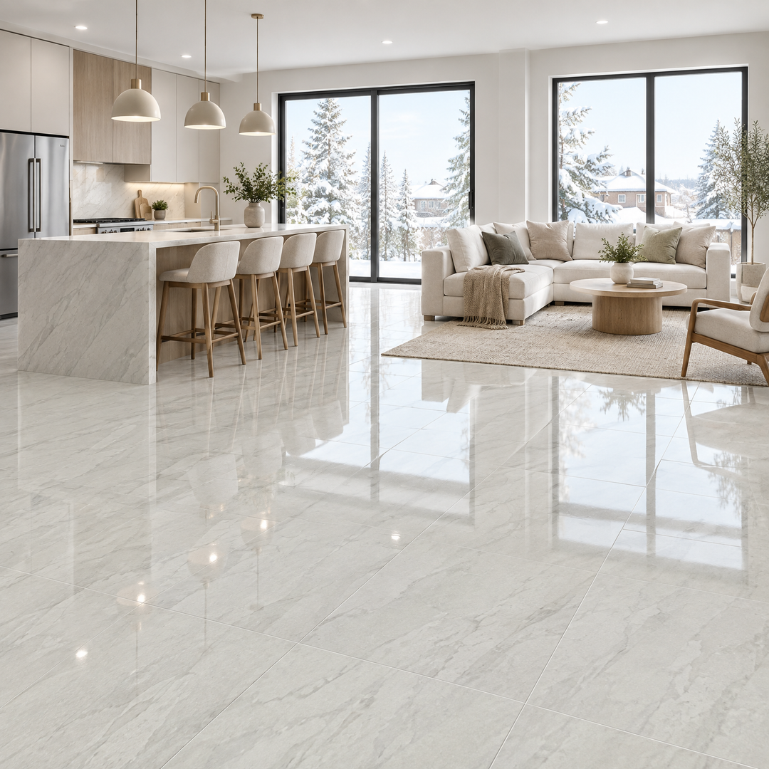 Rodas Bianco, 12×24 glossy, tile, an illustration of it installed