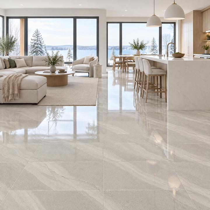 Sand Stone Grey, 12×24 glossy, tile, an illustration of it installed