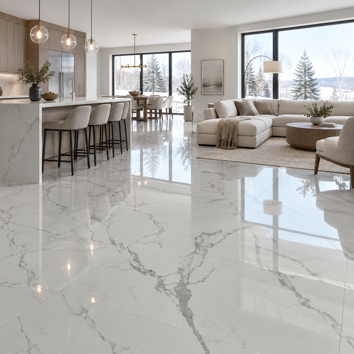 Satvario Grey Glossy Tile 24×48, an illustration of it installed