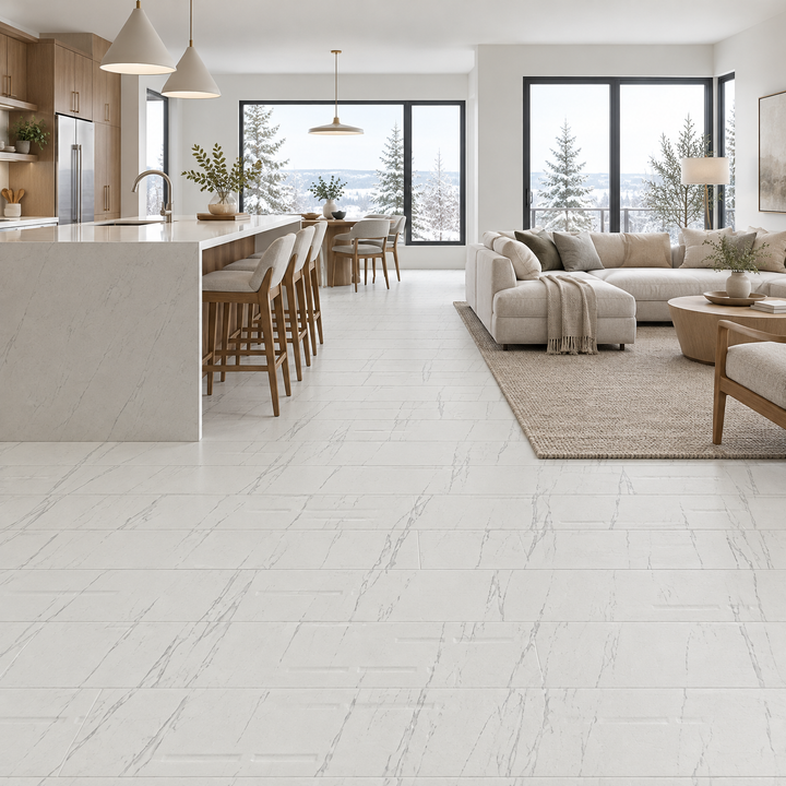 Satvario Opal Tesla Tile 16×48, structured, an illustration of it installed