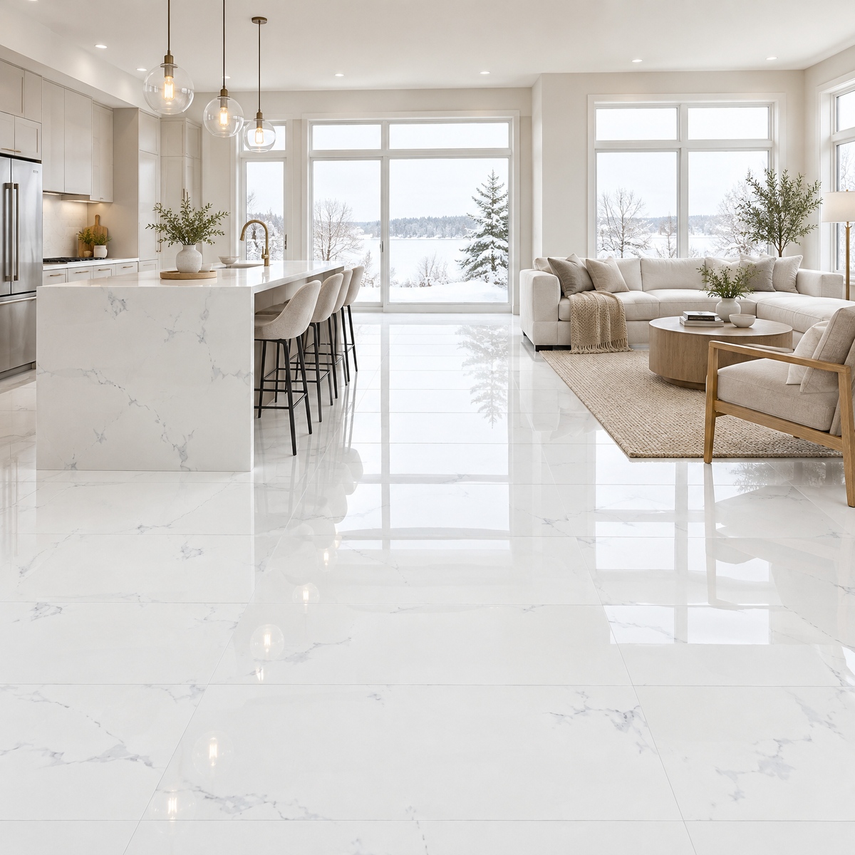 Satvario White Glossy Tile 24×48, an illustration of it installed