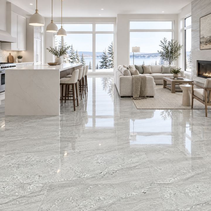 Grey Glossy Tile 12×24 — SS 3633, an illustration of it installed