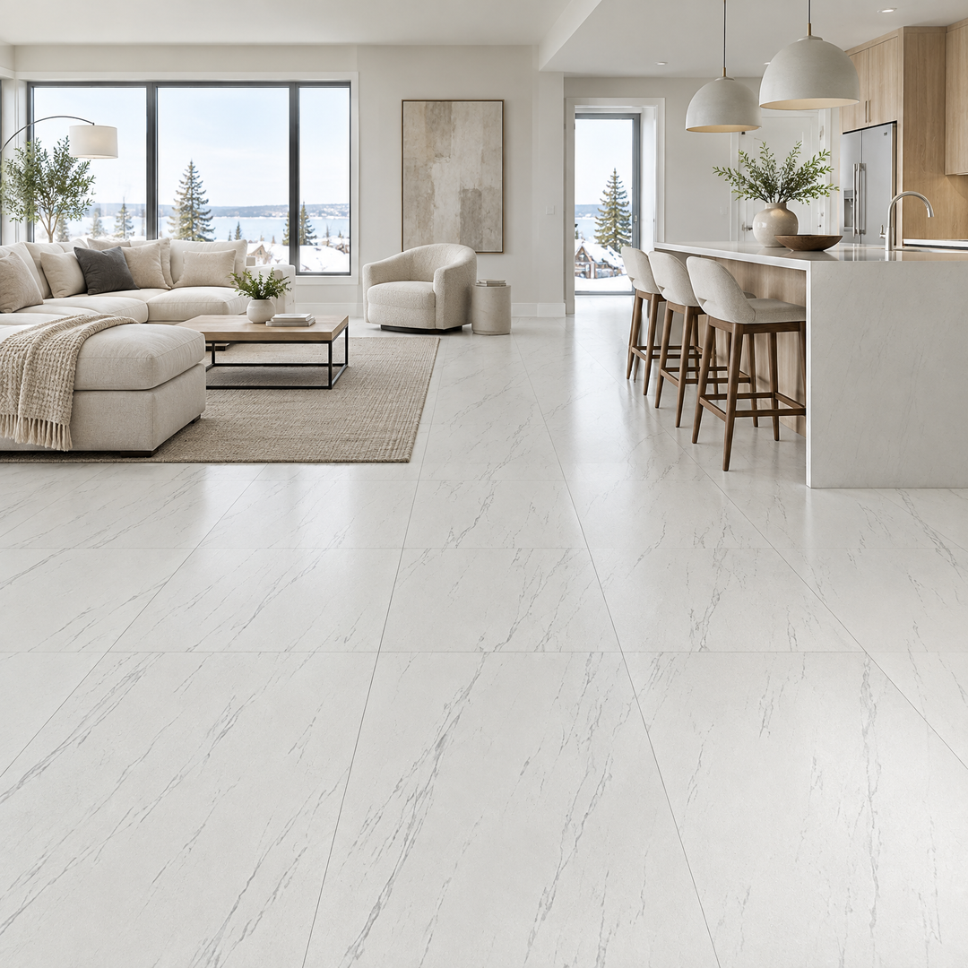 Statuario Opal Tile 16×48, an illustration of it installed
