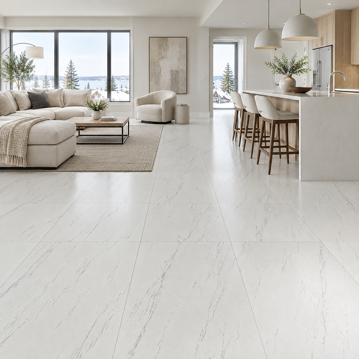 Statuario Opal Tile 16×48, an illustration of it installed