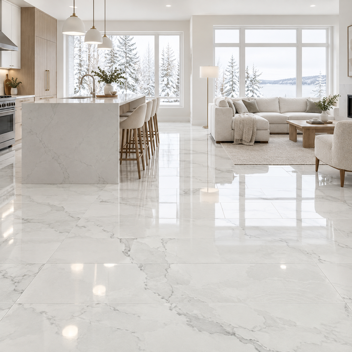 Thasos White, 12×24 glossy, tile, an illustration of it installed