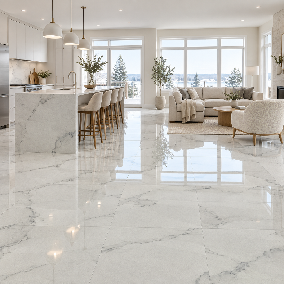 Thasos White Glossy Tile 24×24, an illustration of it installed
