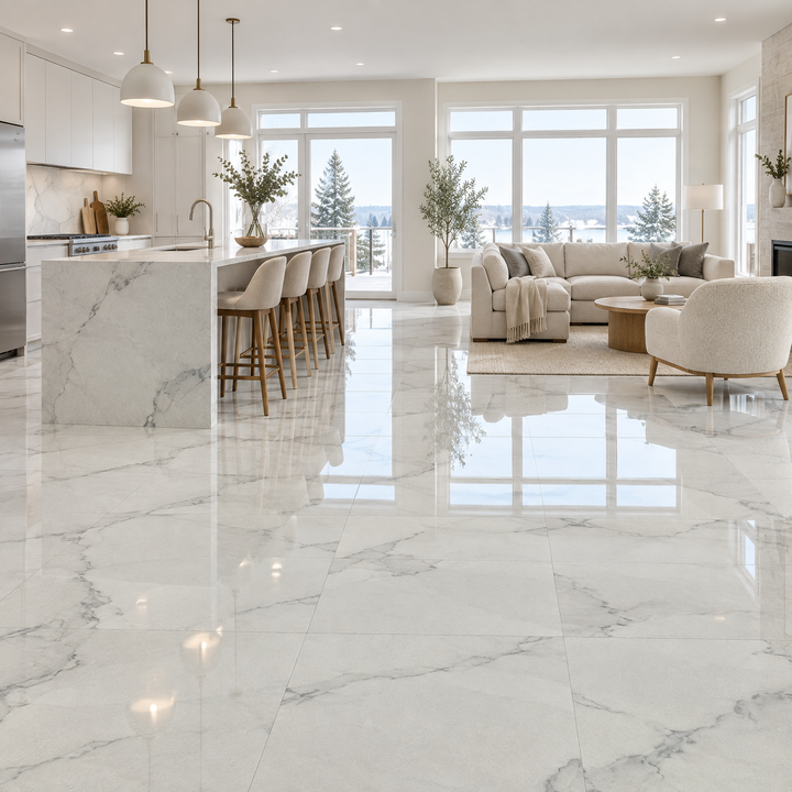 Thasos White Glossy Tile 24×24, an illustration of it installed