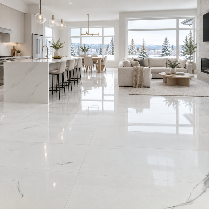 Thasos White Glossy Tile 24×48, an illustration of it installed