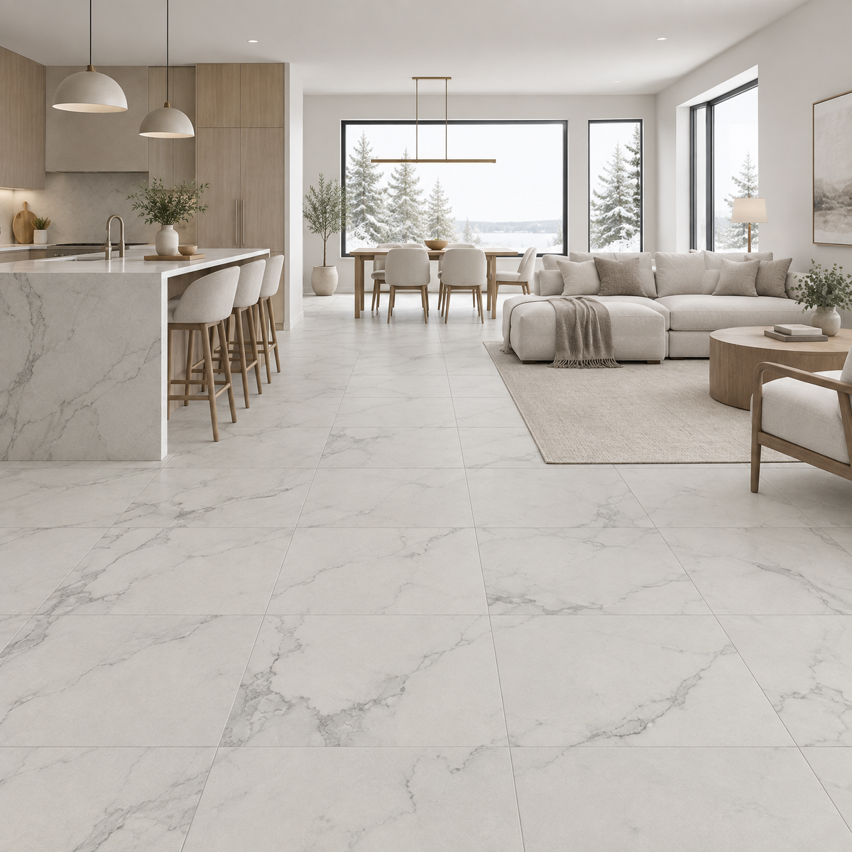 Thassos White, 24×24 matte, tile, an illustration of it installed
