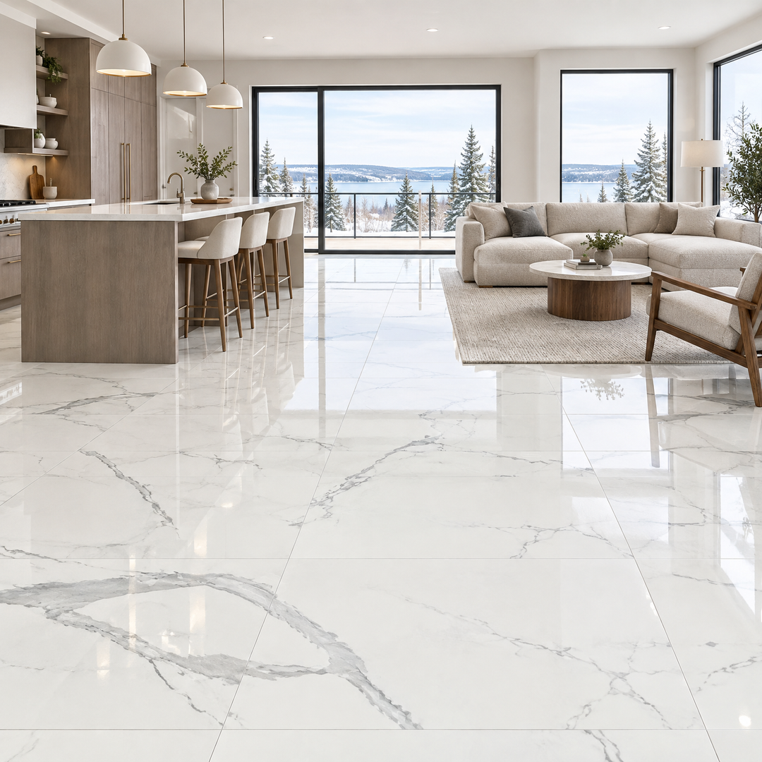 Vena Satvario, 32×64 glossy, tile, an illustration of it installed