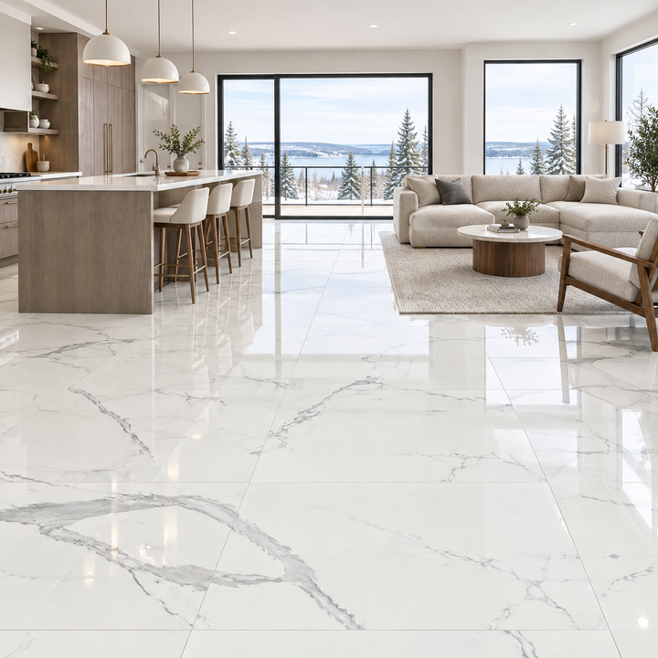 Vena Satvario, 32×64 glossy, tile, an illustration of it installed