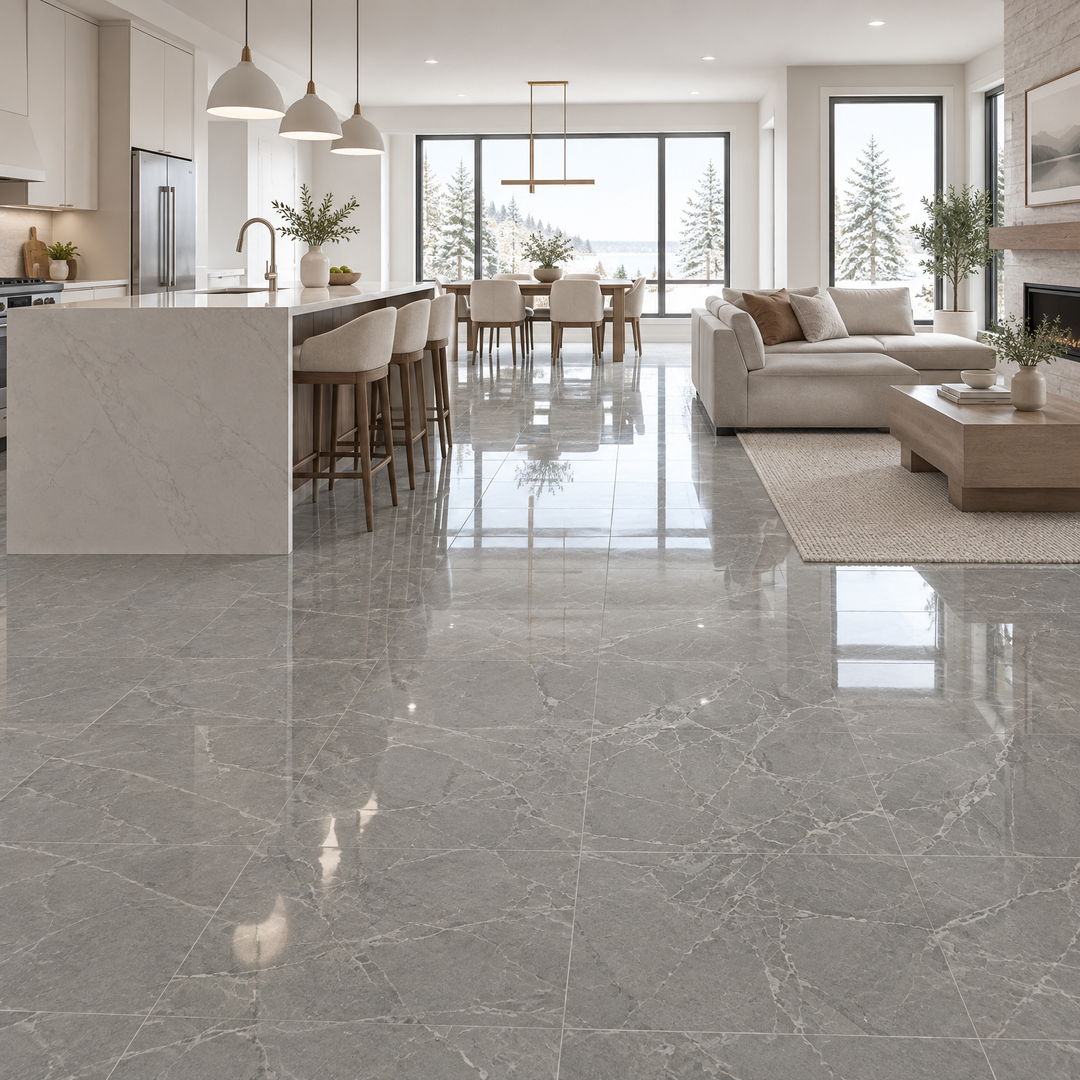 Grey Glossy Tile 24×24 — VSG-03, an illustration of it installed