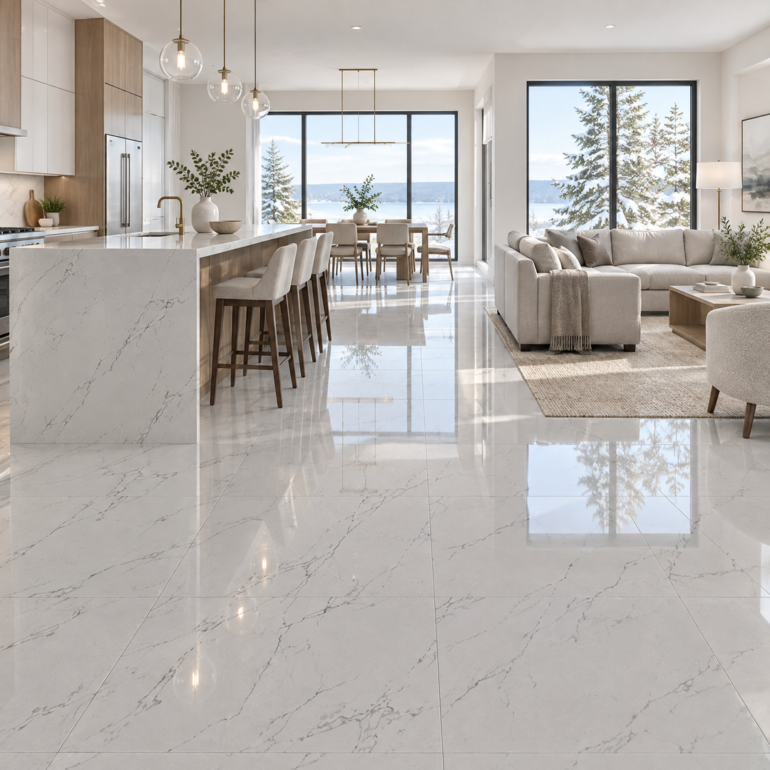 White Glossy Tile 24×24 — VSW-01, an illustration of it installed