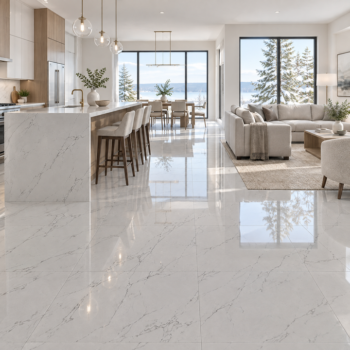 White Glossy Tile 24×24 — VSW-01, an illustration of it installed