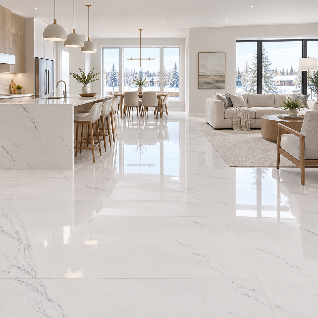 White Glossy Tile 24×48 — VSW-01, an illustration of it installed