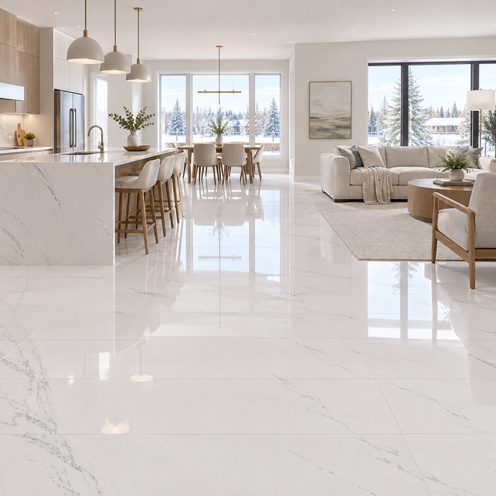 White Glossy Tile 24×48 — VSW-01, an illustration of it installed