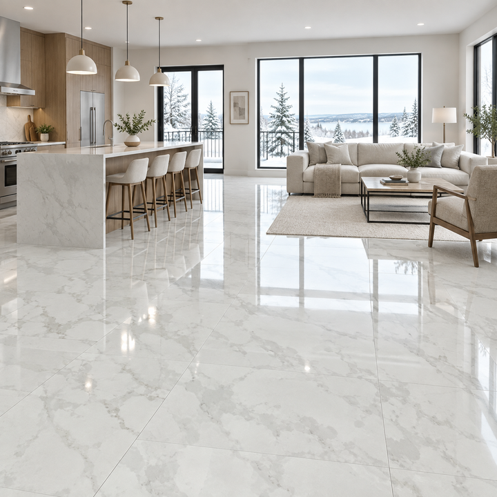 White Glossy Tile 24×48 — VSW-03, an illustration of it installed