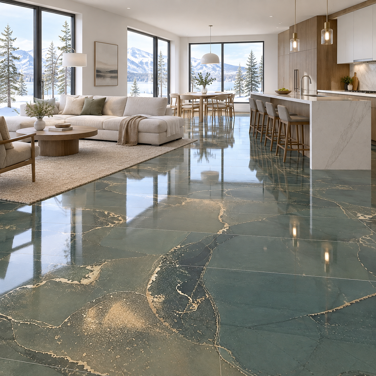 Wolk Green Tile 24×48, glossy, an illustration of it installed